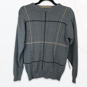 Vintage Blass Bill Blass Gray Academic Geometric Striped Cable Knit Sweater